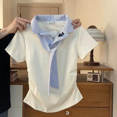 Korean Version of College Style Striped Lace-up Lapel Short-sleeved Women's Summer Sweet and Cute Embroidered Shoulder Short T-shirt