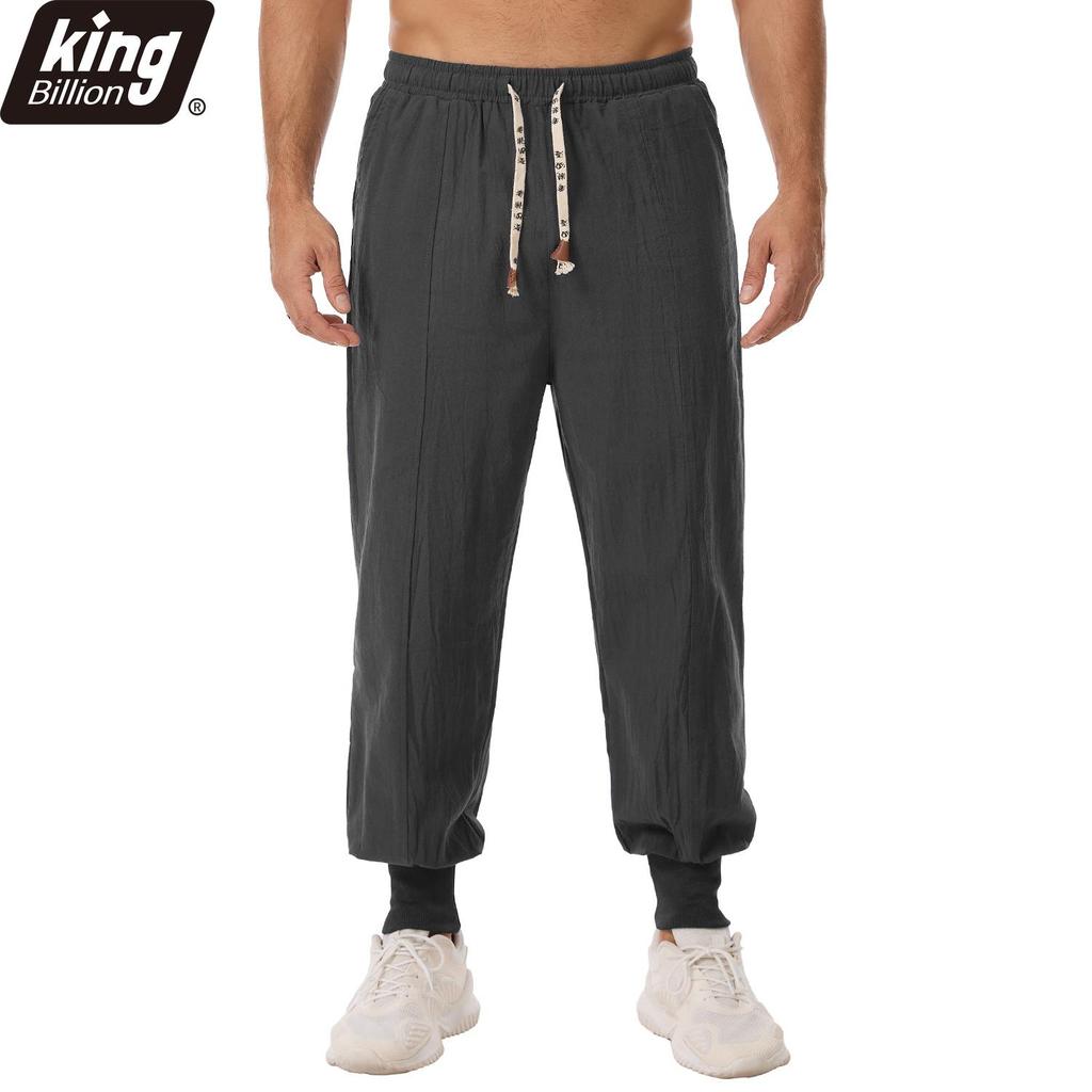 Men's Linen Blend Harem Pants - Contrast Drawstring Elastic Waist Loose Fit Casual Joggers with Ribbed Cuffs in Navy Blue
