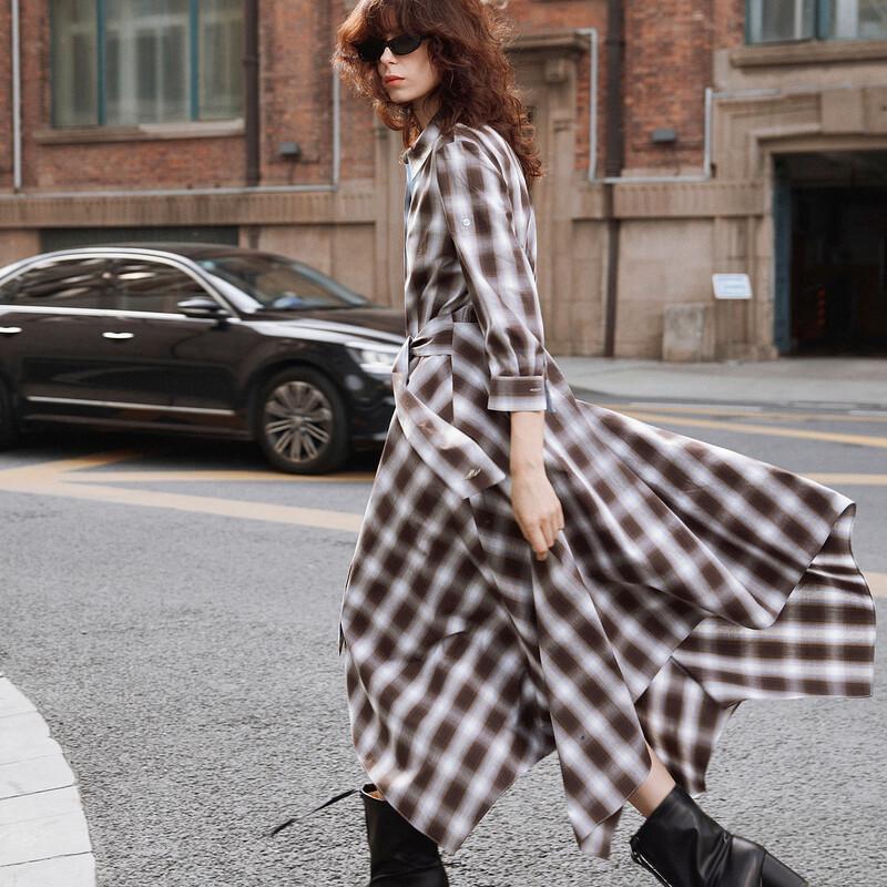 ELLE Retro Plaid Cotton Long Sleeve Irregular Shirt Dress XL