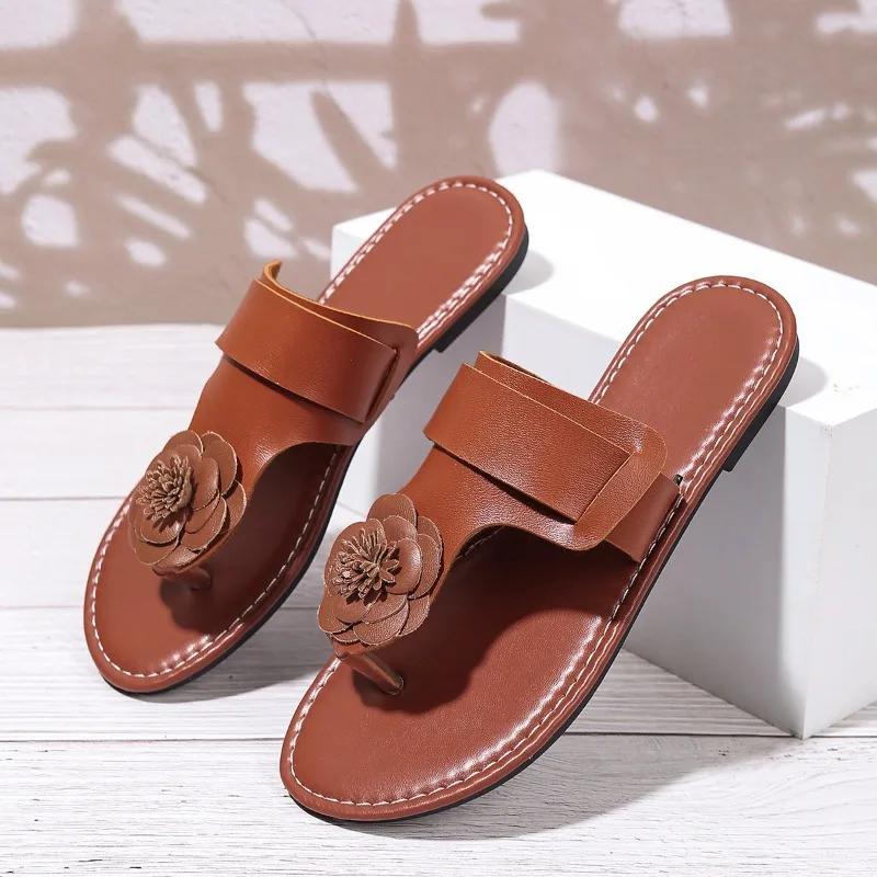 Fashion 2025 Hot Sale Summer New Open Toe Women's Slippers Plus Size Appliques Flat with Round Toe Outdoor Casual Daily Thong Sandals