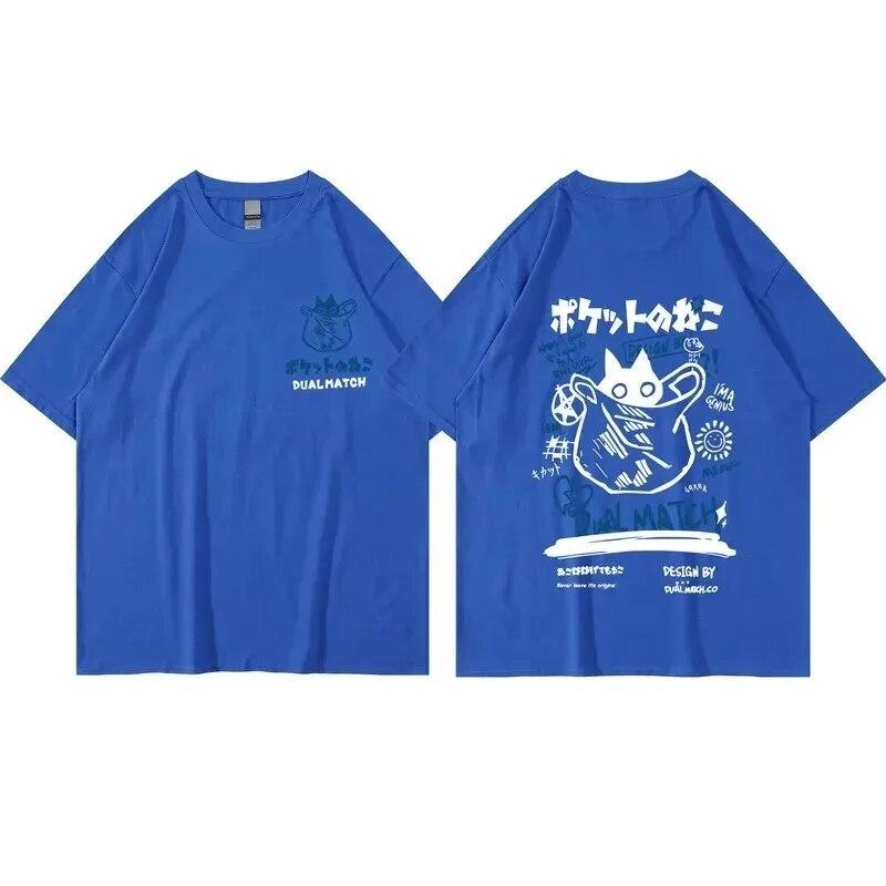 Unisex Women Cotton T-Shirt Japanese Kanji Funny Cat Printed T Shirt Harajuku Casual Short Sleeve Tshirt Streetwear Trend Tee Tops