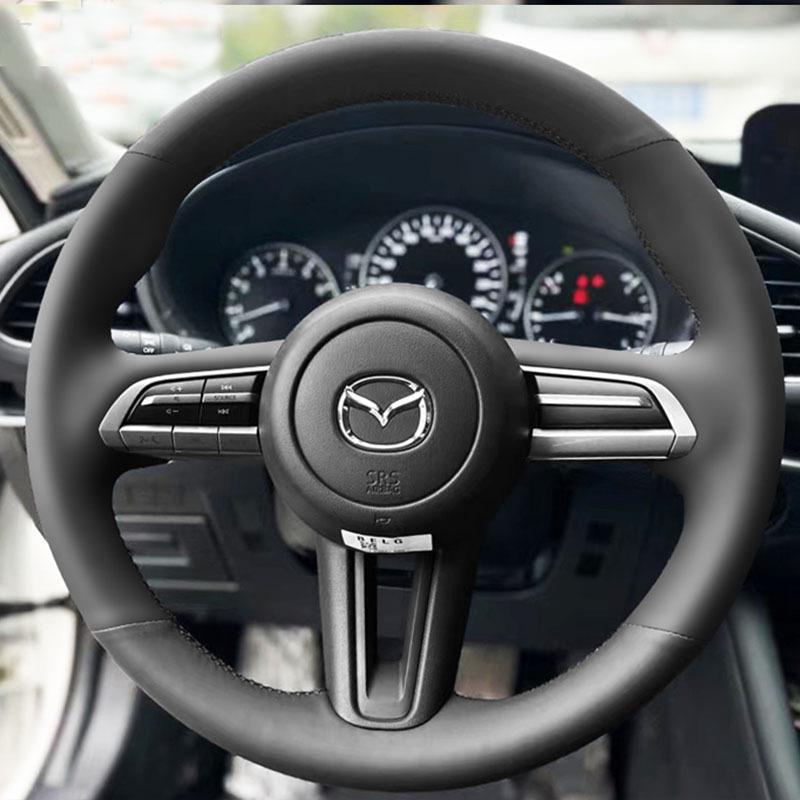 Hand Stitched Black Genuine Leather Non-slip Car Steering Wheel Cover For Mazda CX-30 CX30 - Mazda 3 Axela -
