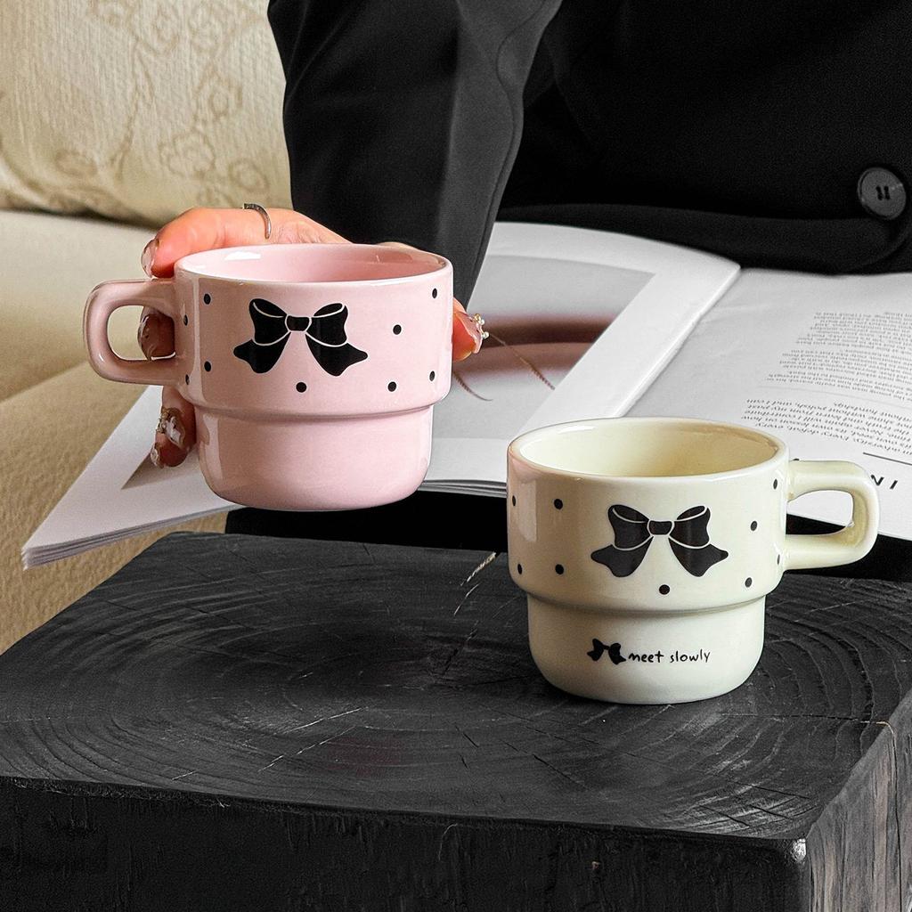 Bow Ins Style High Value Ceramic Stacked Cup Office Girls Coffee Cup Household Ceramic Coffee Cup Plate
