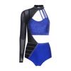 S-XXL Womens Gymnastics Leotard Bodysuit Rhinestone Color Blocking Asymmetrical Hollow Out Jumpsuit Figure Skating Tango Dancewear