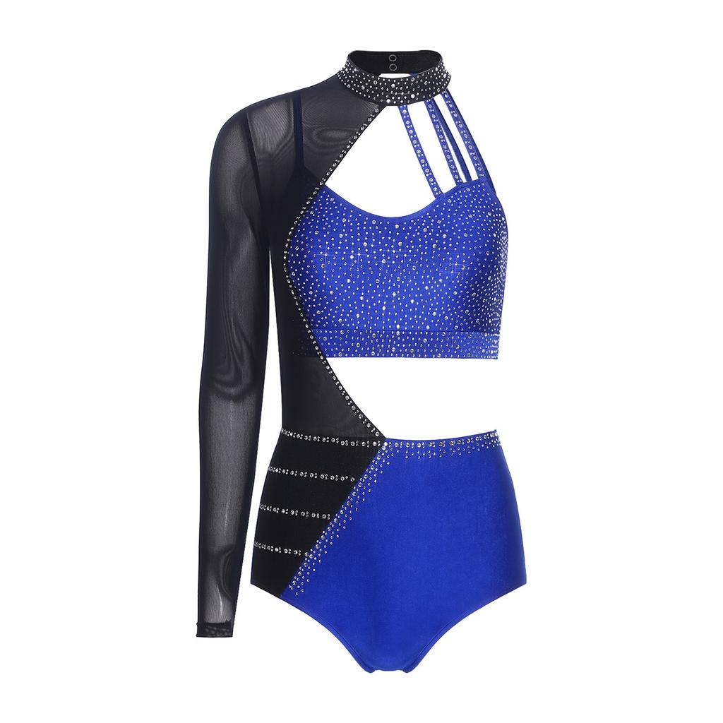 S-XXL Womens Gymnastics Leotard Bodysuit Rhinestone Color Blocking Asymmetrical Hollow Out Jumpsuit Figure Skating Tango Dancewear