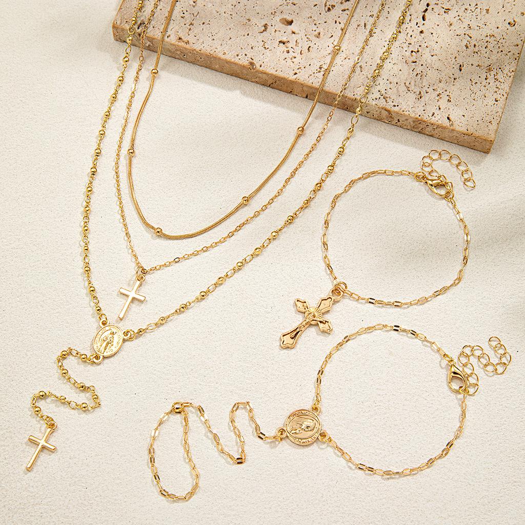 5 Bohemian Style Cross Round Pendant Long Necklace Multi-layer Bracelet Women's Jewelry Set
