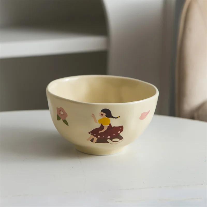 Vintage Cute Girls Ceramic Salad Bowl Dish Korean Breakfast Yogurt Oatmeal Noodle Bowls Snacks Fruit Dessert Plates Tableware