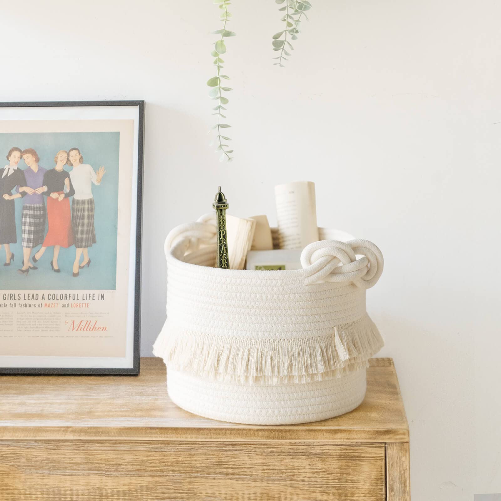 

AB-006 Tassel Decor Storage Box Woven Cotton Rope Basket Home Decoration Bin for Books,Toys Light Brown