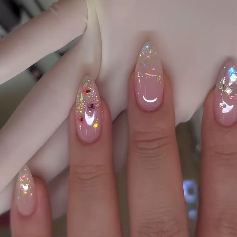 24Pcs Solid Nude Color Fake Nails with Pink Design Short Almond Press on False Nails Wearable Oval Finished Full Cover Nail Tips