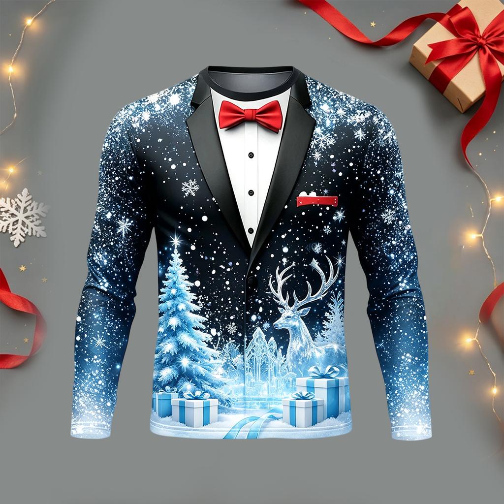 Men's Casual Christmas Suit Print Long Sleeve T-Shirt Round Neck Tee for Holiday Party