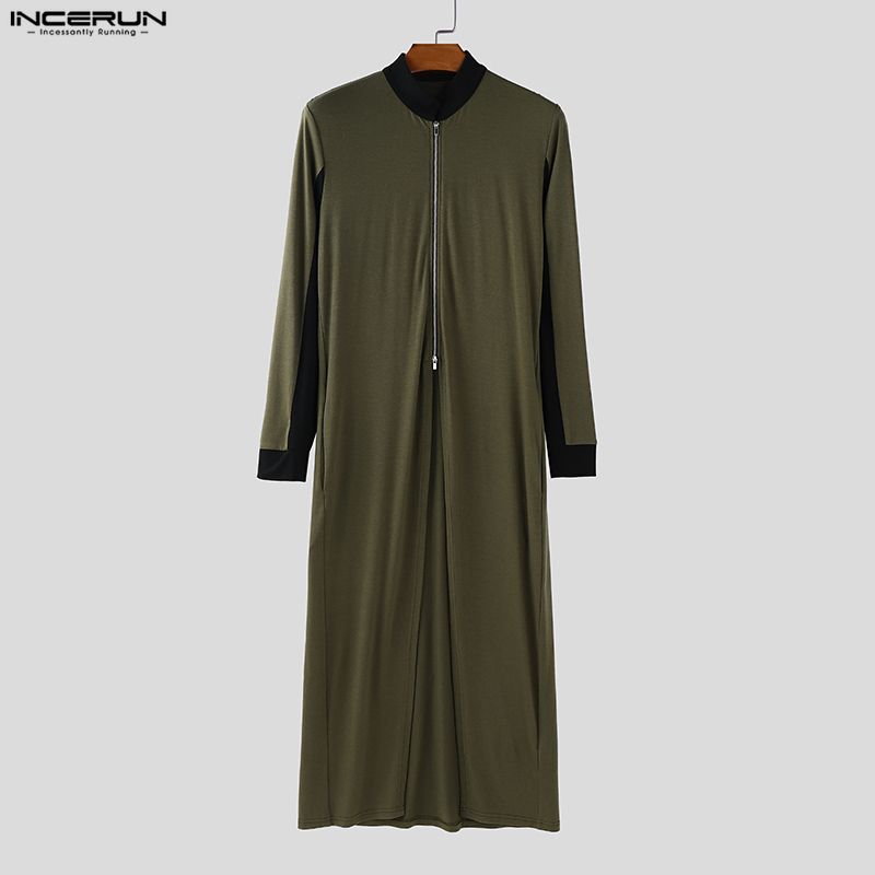 INCERUN Men Stitching Stand Neck Long Sleeve Zip-up High Splits Long Cardigan Coats