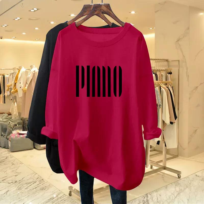Women's Crew Neck Long Sleeve Tunic Top Loose Fit Korean Style Vertical Letter Print Pure Cotton Casual Fashion Tee Shirt