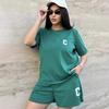 Womens Oversized Casual Two-Piece Set Short Sleeve T-Shirt Cropped Shorts With Letter Print Outfit