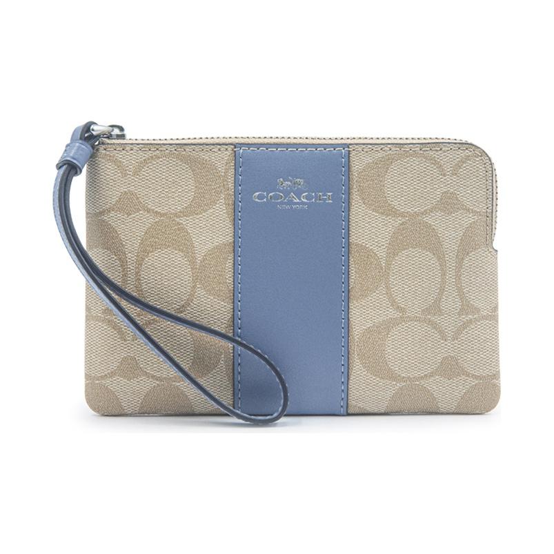 Coach Corner Zip Wristlet Signature Canvas Light Khaki Slate Silver Hardware 58035-SVSHF Basic Set (Bag+Dust Bag)