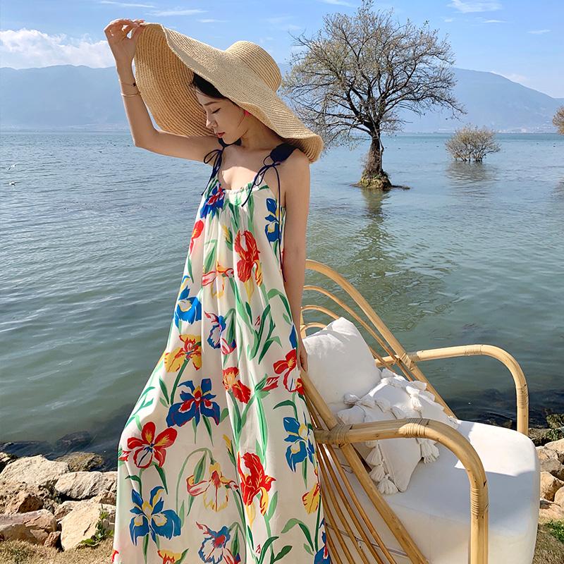Sanya Seaside Resort Beach Dress Women's New Summer Printed Suspender Dress Hainan Tourism Photo Long Dress