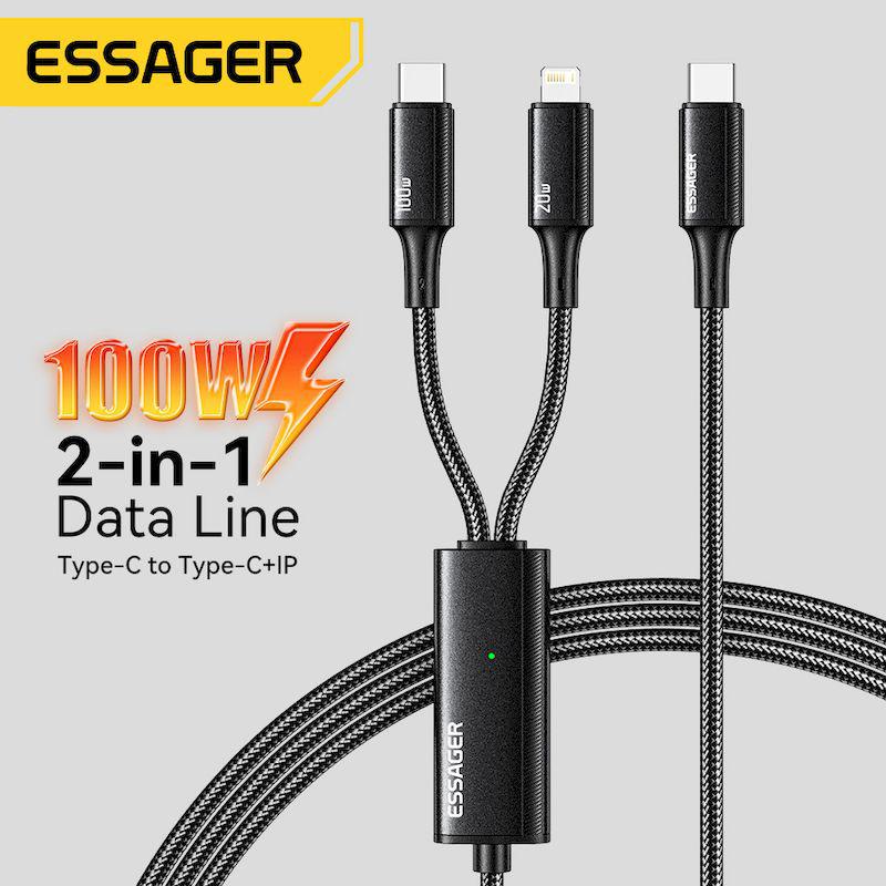 

ESSAGER 100W Dual Type-C Braided Fast Charging Cable for Apple & Huawei синій