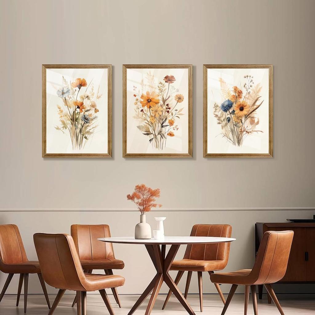 Framed Vintage Wildflower Canvas Wall Art Floral Set of 3 Country Farmhouse Watercolor Flowers Prints Rustic Wood Frame Botanical Artwork Poster for