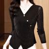 Base Shirt for Women Mesh Long Sleeve T-shirt Cross V-neck Top Bright Silk Fashionable Irregular Thin Shirt