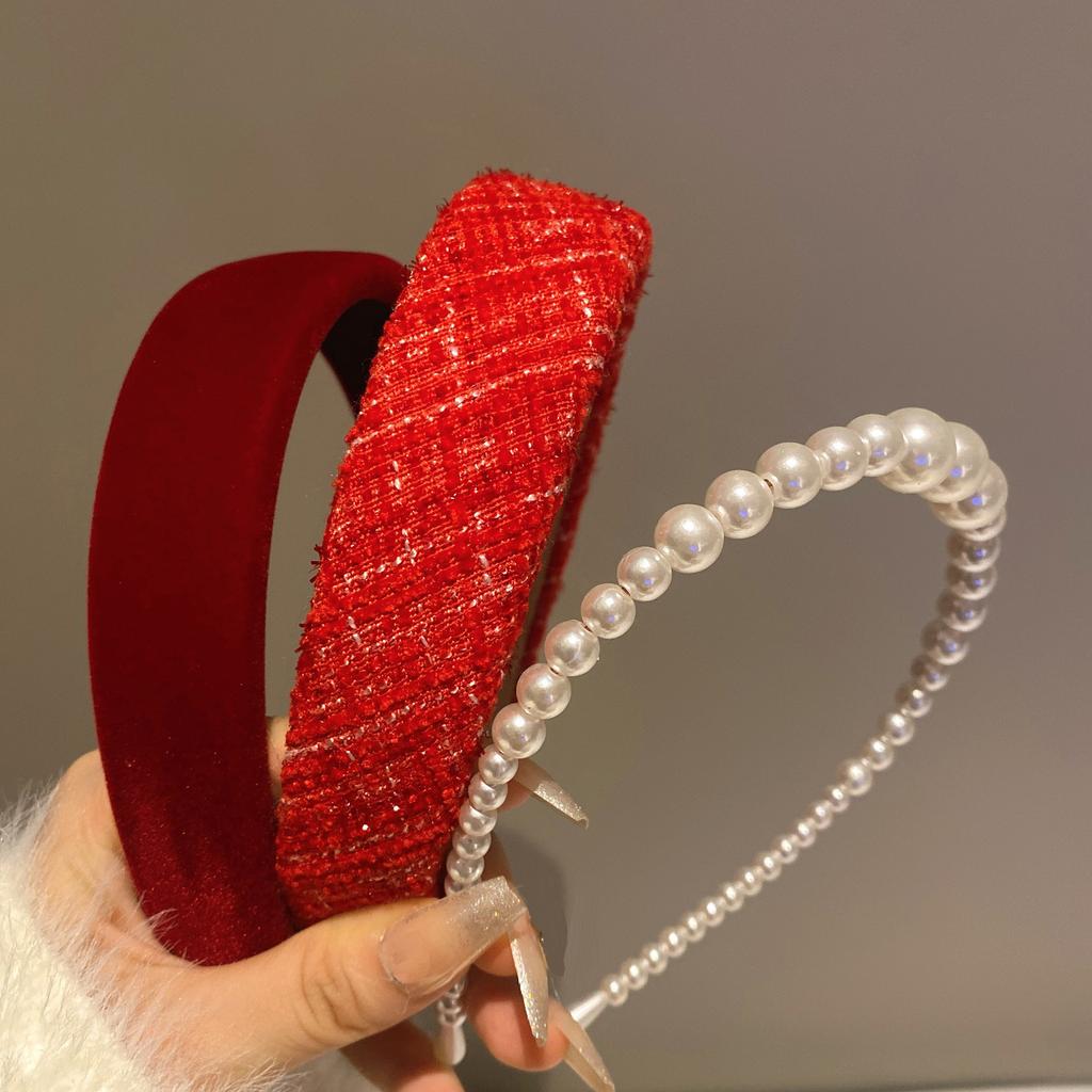3Pcs Retro Red Women's Headband Velvet Headband Headband With Plaid, Pearl, Plush, Fabric, Knitted Mixed Design Wide Brim Sp