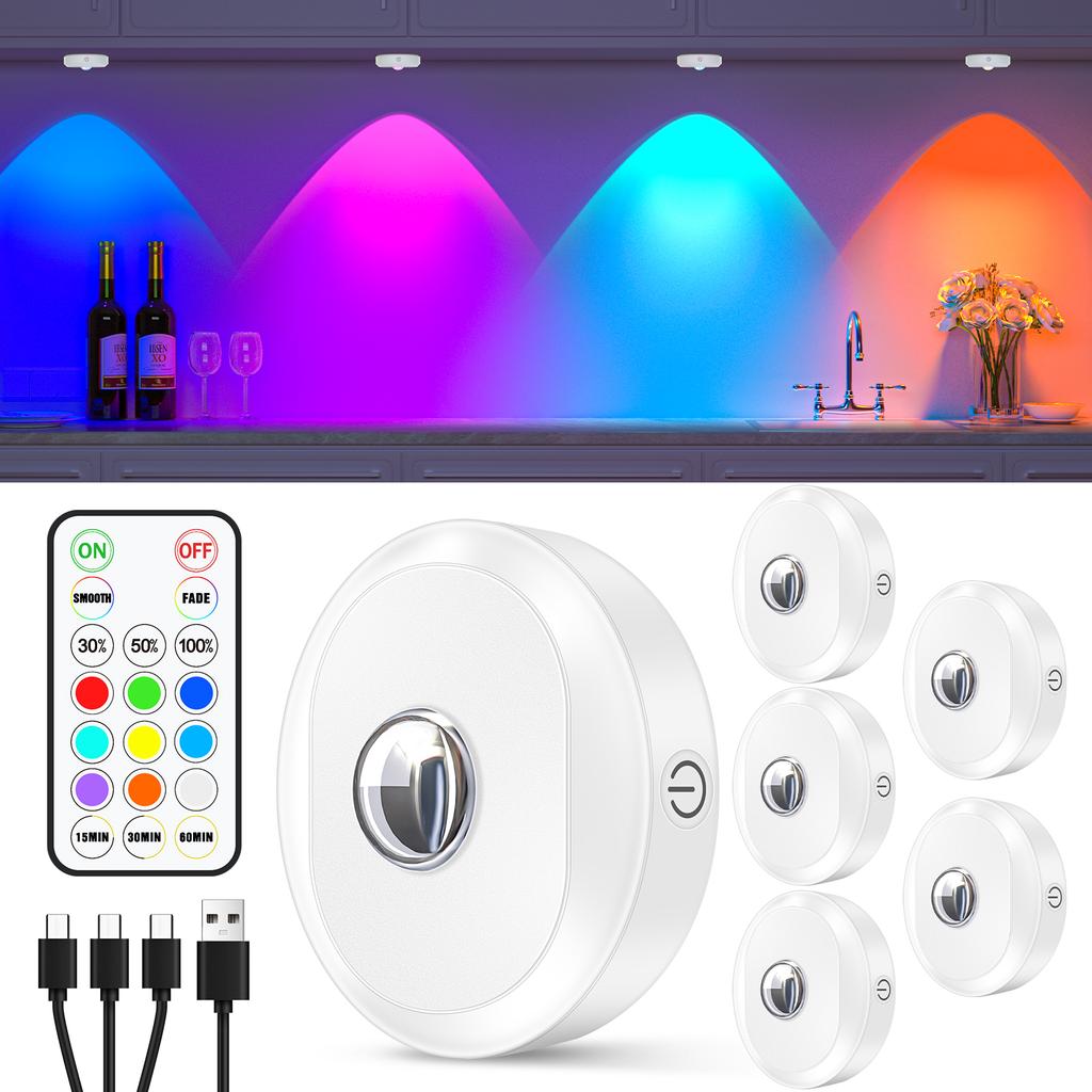 6 PCS RGB Rechargeable Night Lights with Remote Control Dimmable Timing Function LED Lights for Kitchen Cabinet Shelf