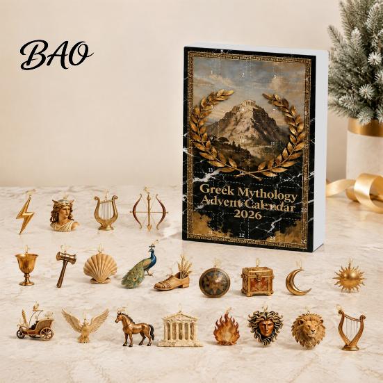 Vintage Style Hanging Charms Greek Myth Advent Calendar, 24Pcs Acrylic 2D Ornament Set with Christmas Decorative Collectibles Gold Tone, Tree