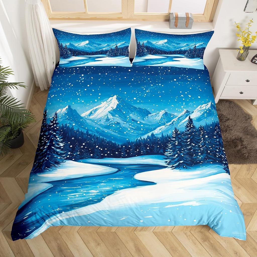 Mountain and Flowing Water Duvet Covers for Teens Adults Queen Quilt Cover with 2 Pillowcase Mountain River Bedding Set No Quilt