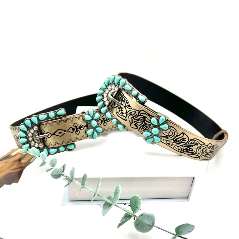 Elegant Western PU Belt Embossed Pattern Waistband Jeans Waiststrap Waist Decors Women Turquoises Buckle Waist Belt