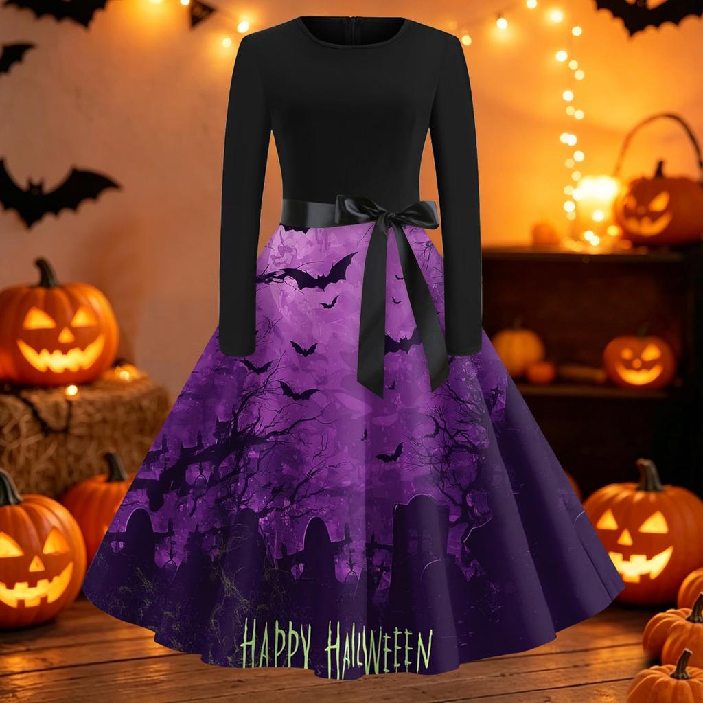 Women's Vintage Halloween Print Round Neck Casual Dress for Everyday Wear