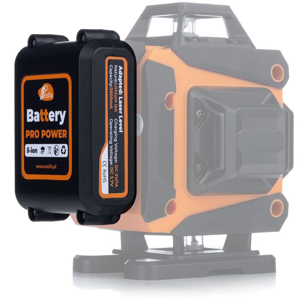 Rosfix Baterie Pro Power 3600 mAh – Li-Ion akumulátor pro laserovou vodováhu | 3,7 V | USB 5 V/1 A | Certifikace CE a RoHS
