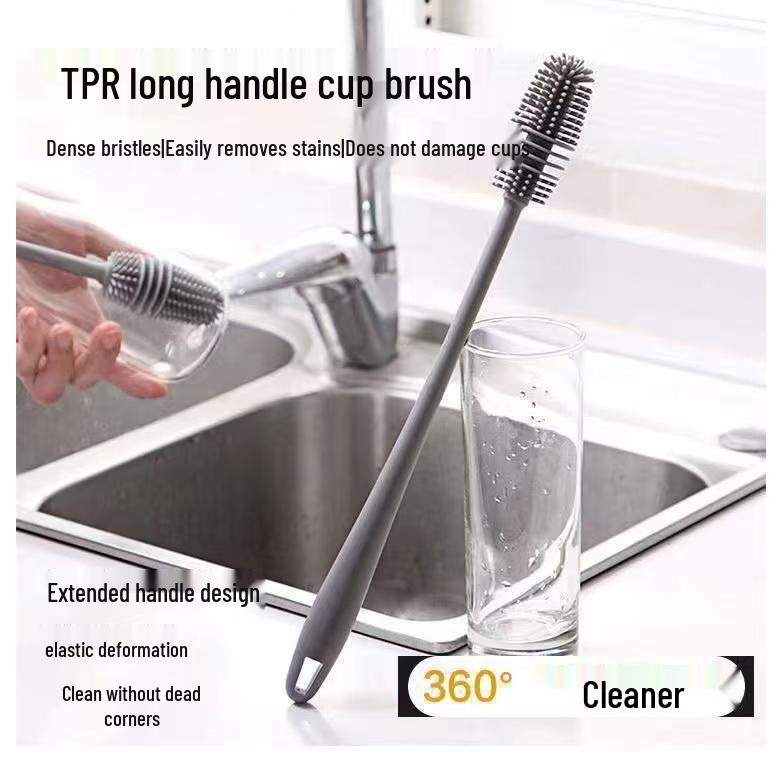 Rotating Long Handle Cup & Bottle Brush - Silicone Bristles for Deep Cleaning