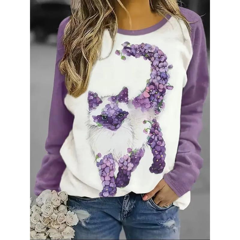 Damen Herbst und Winter 3D-Druck Rundhals Langarm T-Shirt Mode Vielseitig Trend Atmungsaktiv Lässig