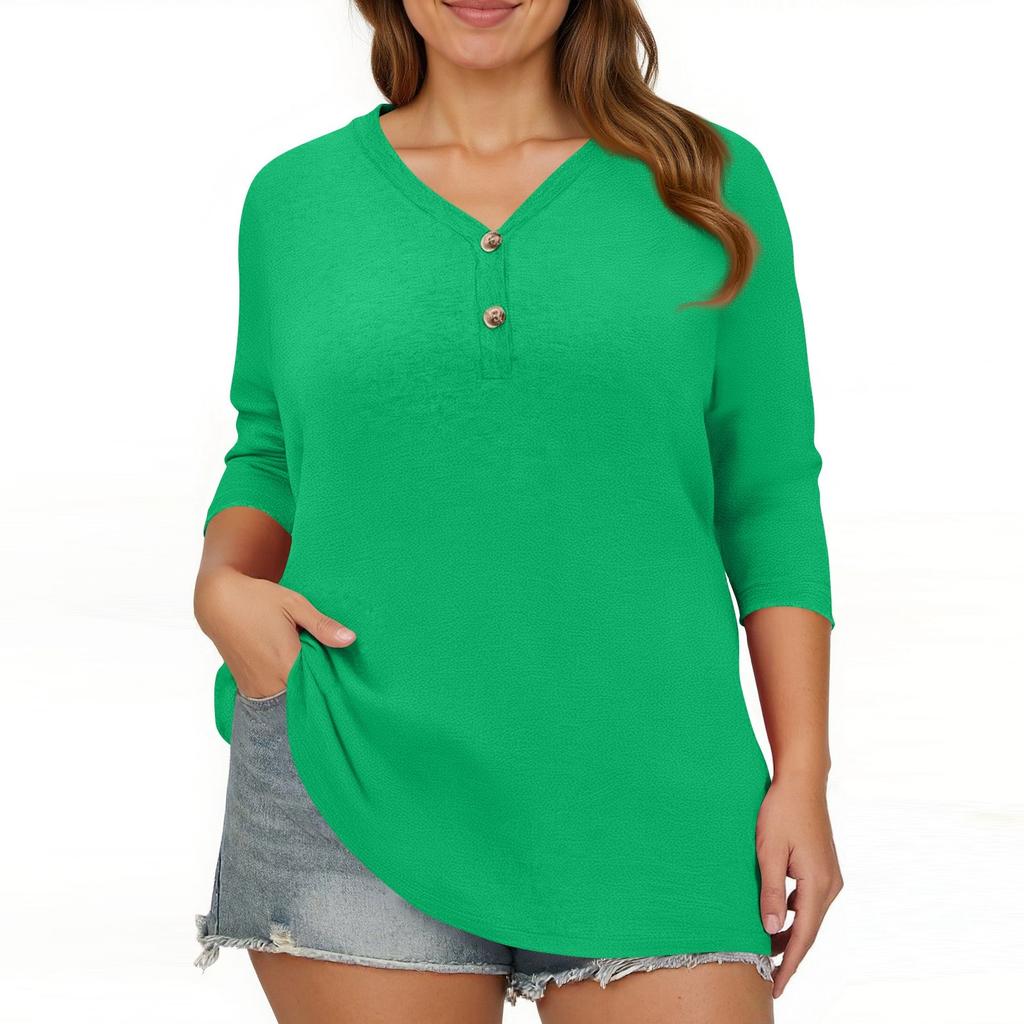 3/4 Length Sleeve Womens Tops Plus Size Button Down V Neck Shirts Blouses Casual Color Loose