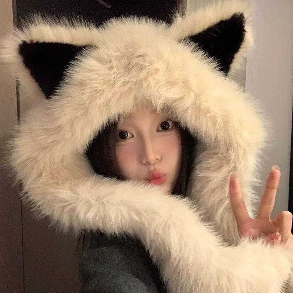 

Lovely Winter Plush Fox Ear Hat Warm Scarf Women Novelty Beanies Caps Fluffy Ear Protection Cap Windproof Warm Headgear бежевый