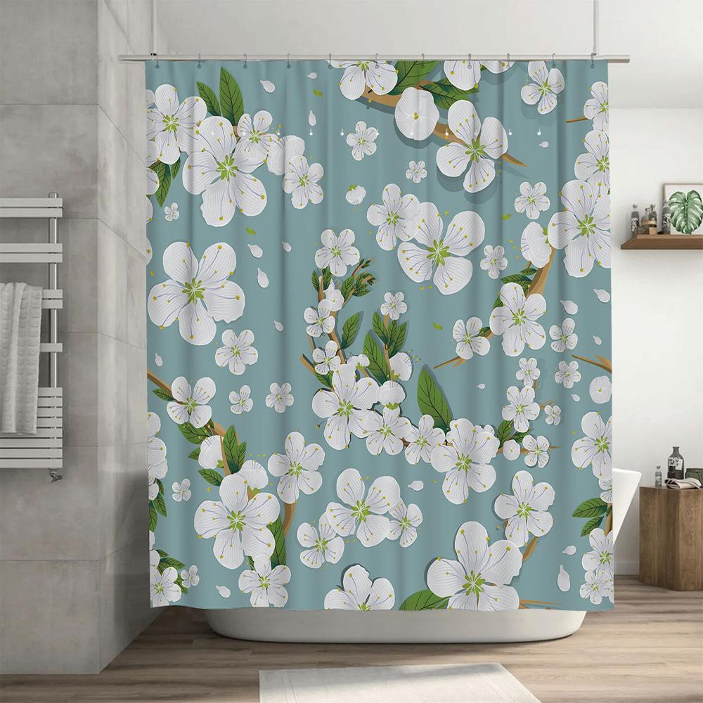 Cherry Blossom Shower Curtain Waterproof Bathroom Decorative Printed Fabric Shower Closures for Bathtubs Light Blue Color Patter