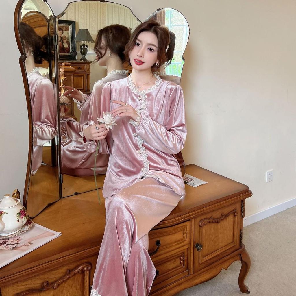 Gold Velvet Women's Pajama Set: Autumn-Winter, Long Sleeve & Pants, Fragrant Style, Lace Cardigan, Indoor/Outdoor Wear.