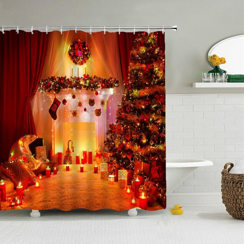 Frohe Weihnachten Duschvorhänge 3D Badvorhänge Schneemann Weihnachtsmann Baum Hirsch Dekorativer Polyesterstoff 180*240Cm Sichtschutz