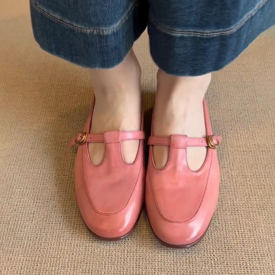 Guttega~ Soft leather flat bottom round head retro Mary Jane shoes women's one-pedal single shoes British small leather shoes loafers