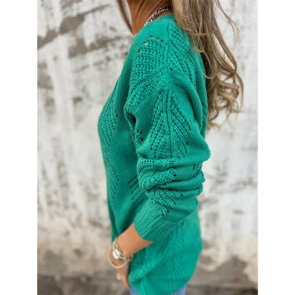 Women's long-sleeved V-neck hollow leaf pattern button knit sweater