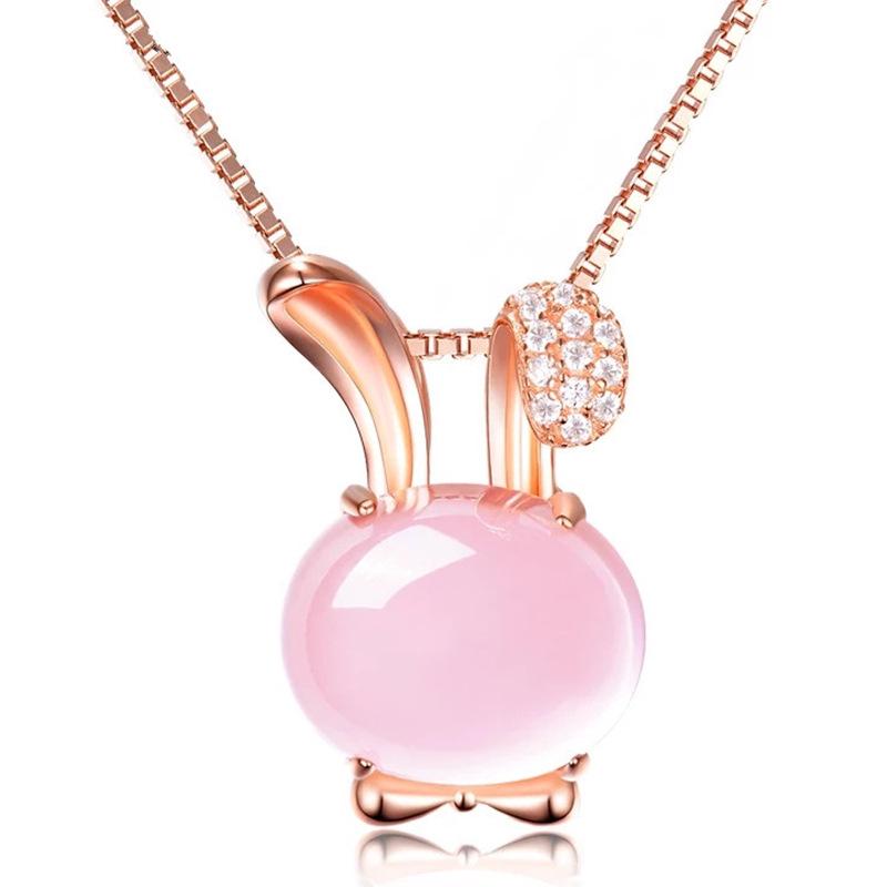 

Sterling Silver Rabbit Ears Rose Quartz Necklace - Trendy Women s Gift for Christmas 925 Silver