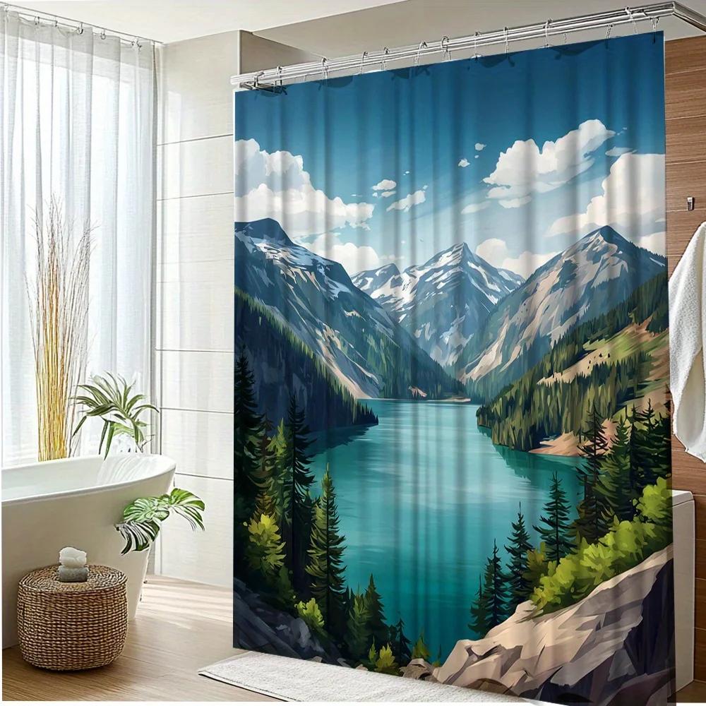 1Pc Scenic Mountain Lake View Shower Curtain For Relaxing Ambiance With Bathroom Decor Polyester Fabric Includes 12 Hooks