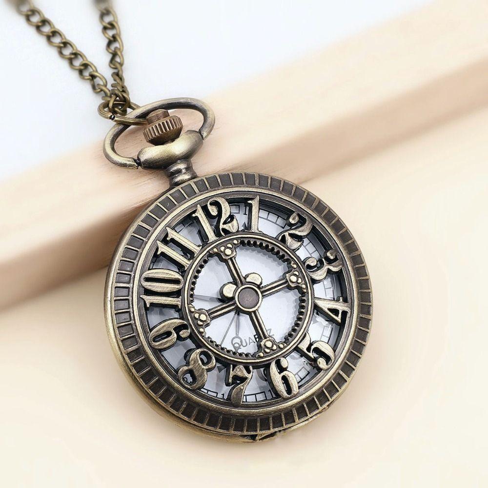 Antique Design Steampunk Clock Necklace Quartz Movement Hollow Chain Watches Flip Bronze Finish Pocket Watch Best Gift