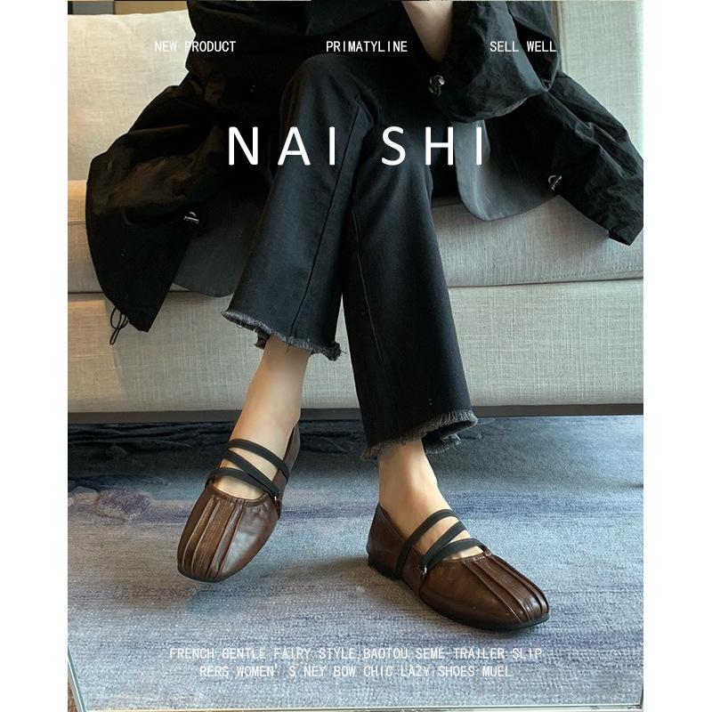 Sheepskin version! Retro pleated ballet Mary Jane shoes women's cross strap niche flat bottom square head with skirt single shoes