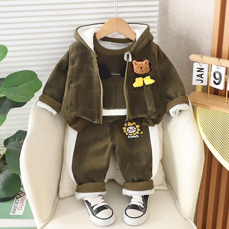 Baby Boys Clothing Set Autumn Winter Cartoon Thick Hooded Jacket Coat Pants 3Pc Suit for Kids Warm Outfits