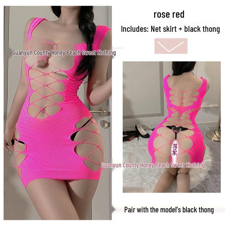 Seductive Christmas Uniform: Open-Crotch Lingerie Set with Fishnet Stockings for New Year Temptation