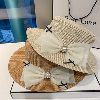 Elegant Pearl Bow Straw Hat Children's Summer Vacation Travel Breathable Eaves Sunshade Sunscreen Sun Hat