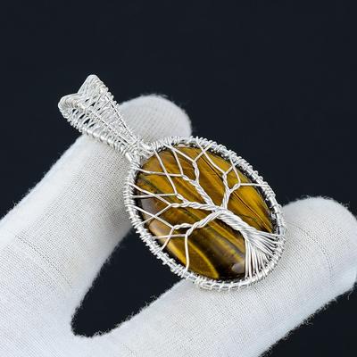 Pendente in Pietra Occhio di Tigre, Pendente Fatto a Mano in Argento Sterling 925, Gioielli in Argento Intrecciato Occhio di Tigre, Pendente Albero della Vita in Occhio di Tigre Regali