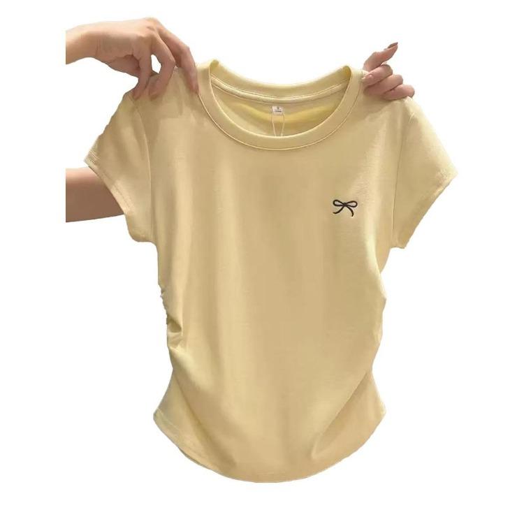 Korean Version Summer T-shirt Slim Fit Plus Size Waist Cinching Top New Shoulder Short Sleeved Slimming Effect Versatile Chubby