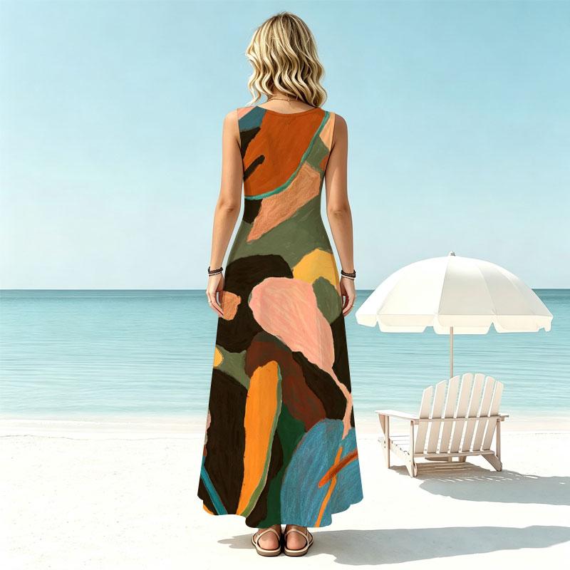 Floor-Length Abstract Art Sleeveless Maxi Dress Flowy,Comfortable Versatile for Beach Vacations,Daily Casual Travel Photos