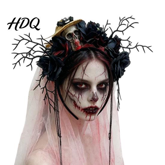 Horror Theme Party Decorations Gothic Flower Headband with Veil Spooky Black Rose Dead Branch Skull Headpiece Masquerade Accessories Day of