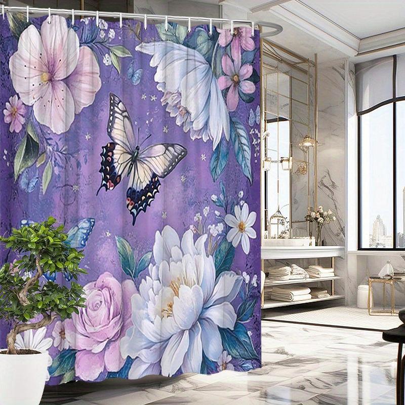 Butterfly & Flower Shower Curtain - Blue & Black Butterflies, Flowers on Purple, 70.8x70.8 Inches, 12 Hooks, Washable Polyester